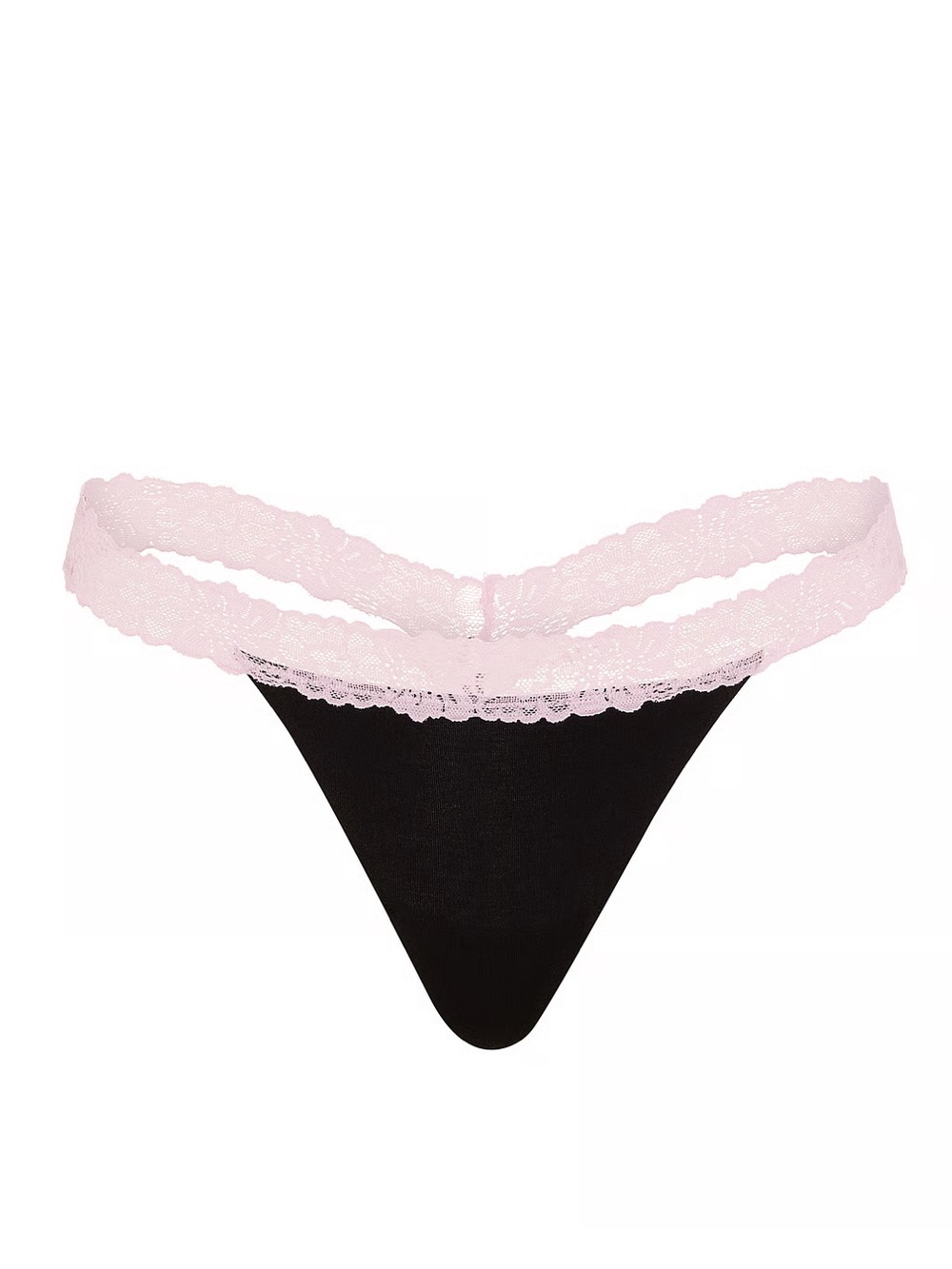 VS Pink | Black w/ Pink Tulip Lace Trim No-Show Cotton V-String Panty